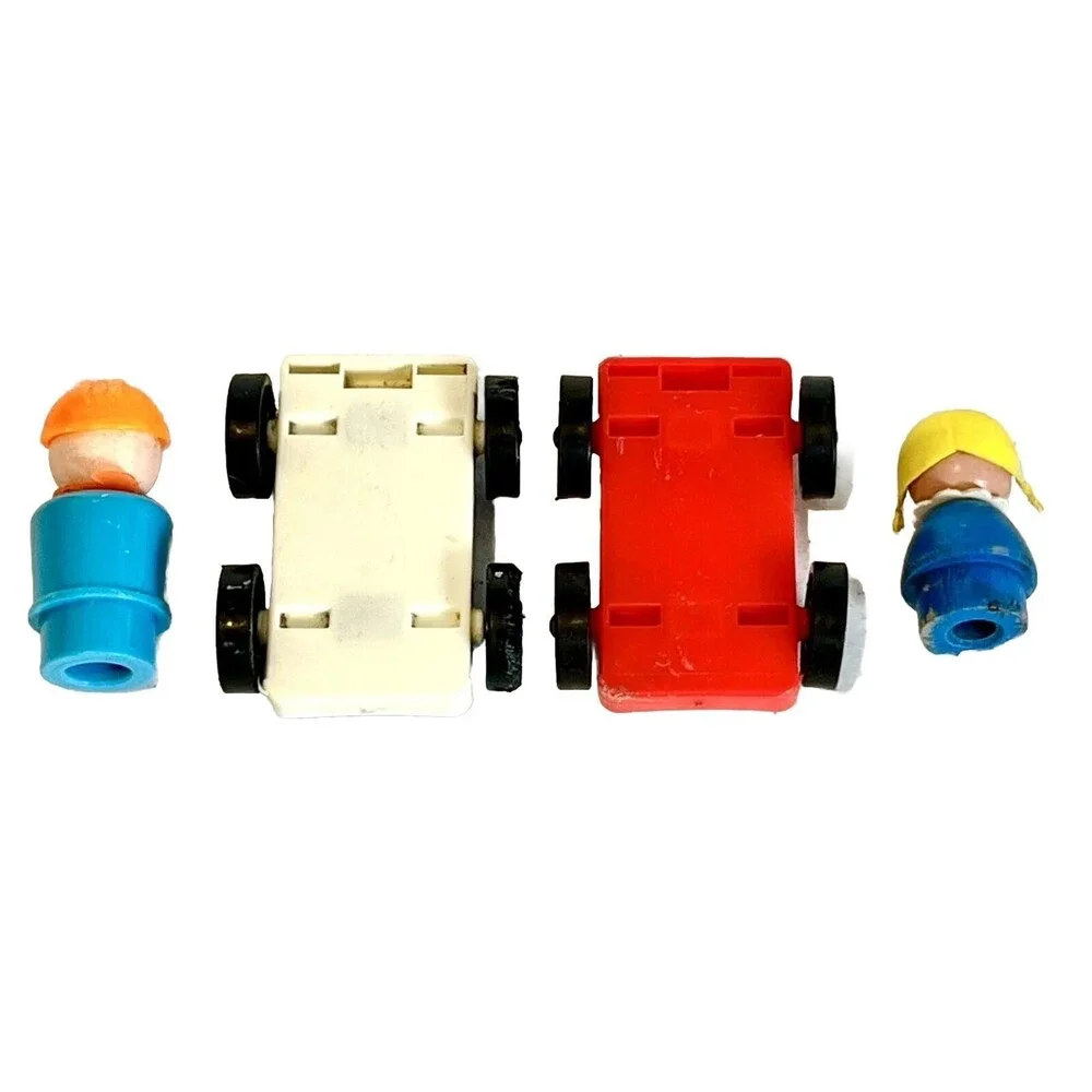 Vintage Fisher Price Little People Retro Colorblock Cars Blonde Girl Hardhat Boy